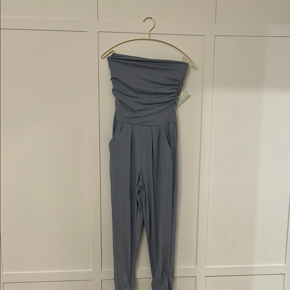 Streetwear Society Gray Strapless Jumpsuit with Ruched Top and Fitted Waist